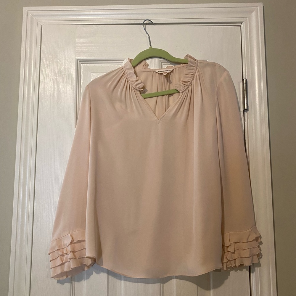 REBECCA TAYLOR Chemise Silk Double Georgette Ruffle Top in Ballet Pink S…